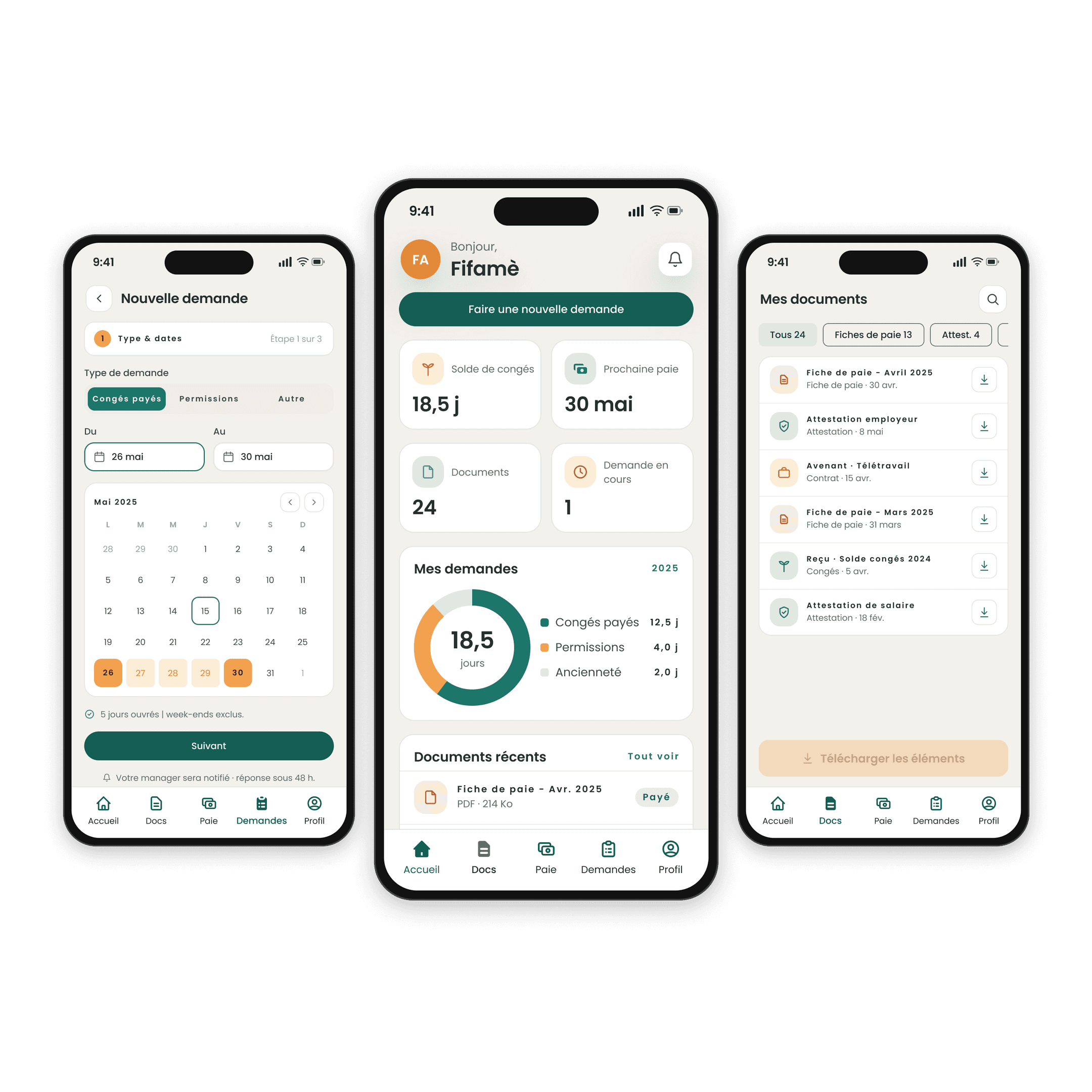 Three Spax HR mobile screens: new leave request, dashboard and document list