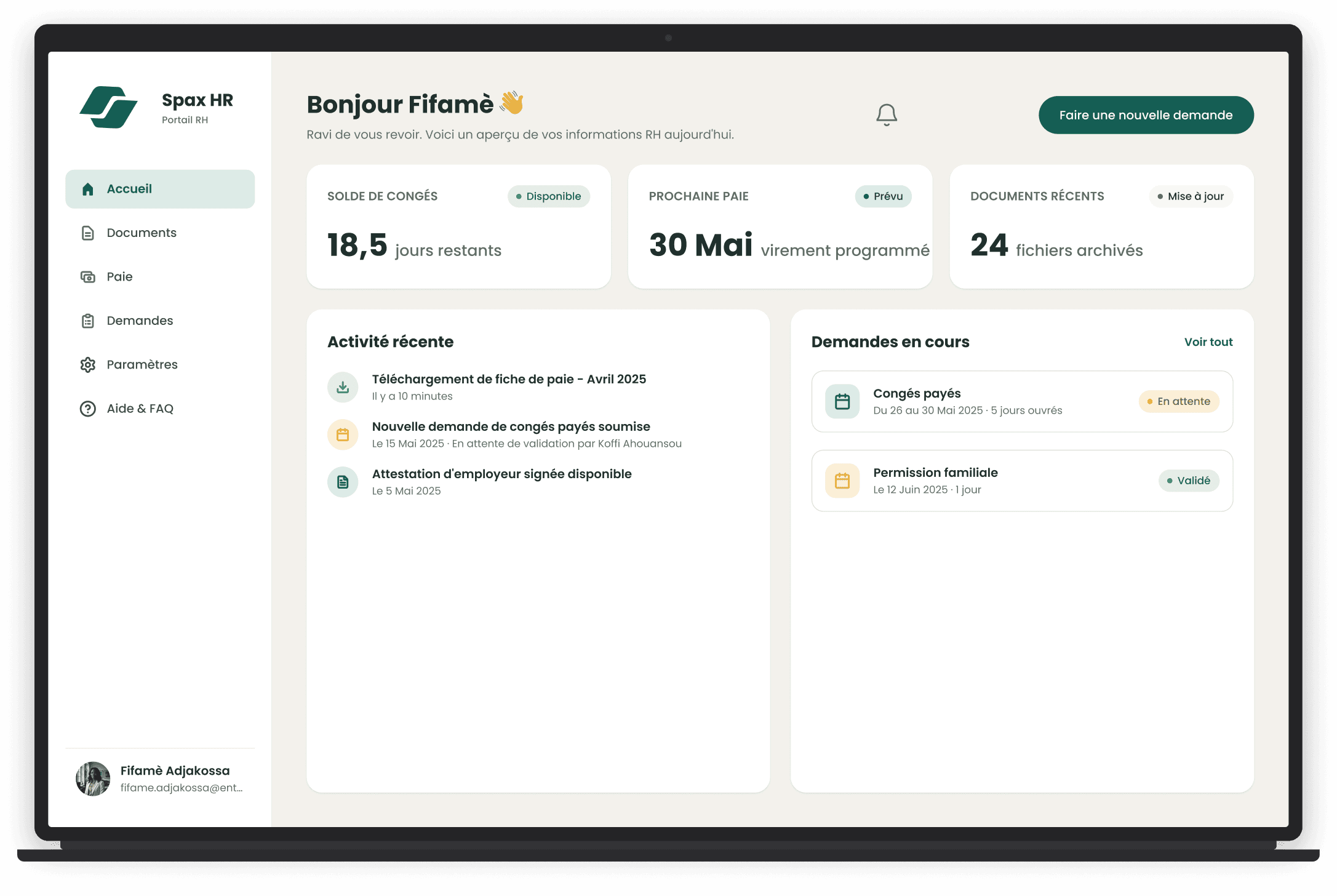 Spax HR dashboard shown on a laptop: leave balance, next pay, recent activity and pending requests
