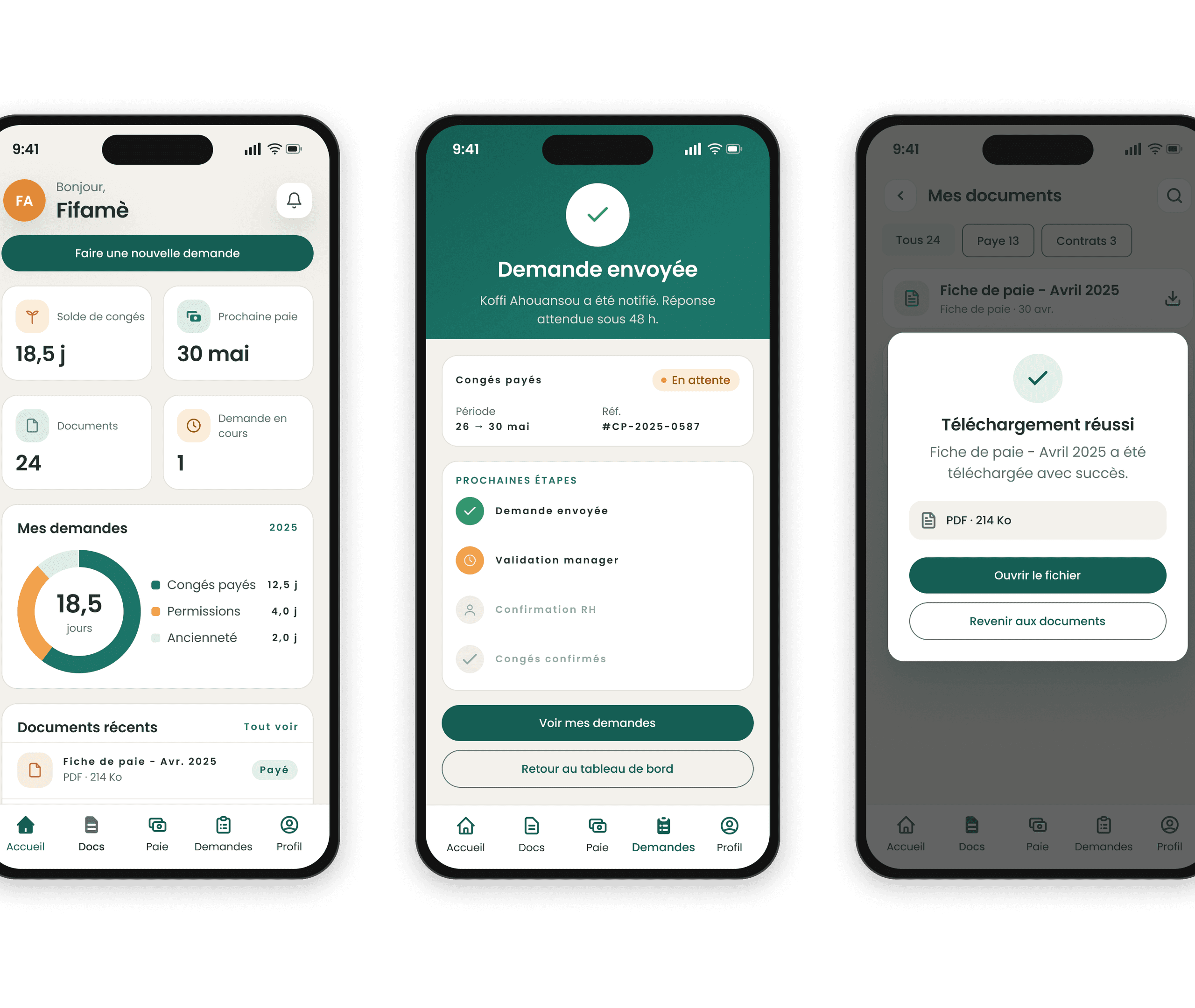 Spax HR mobile screens: dashboard with the leave balance, a sent request and its next steps, downloading a payslip.