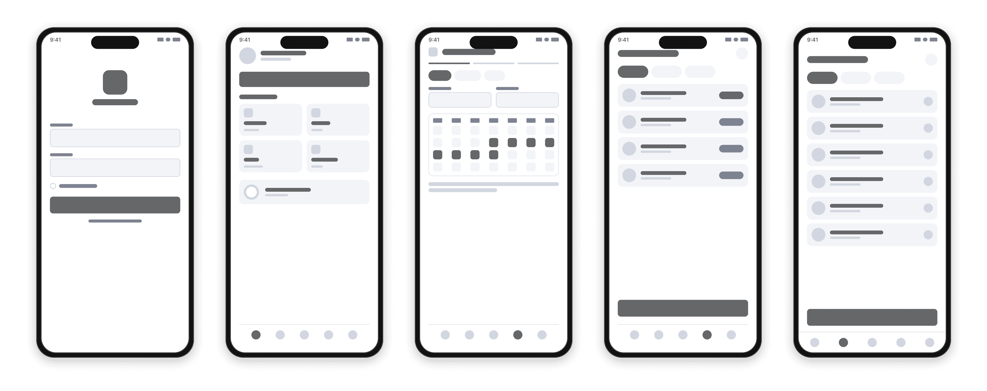 Spax HR low-fidelity wireframes: login, dashboard, leave request, my requests and my documents